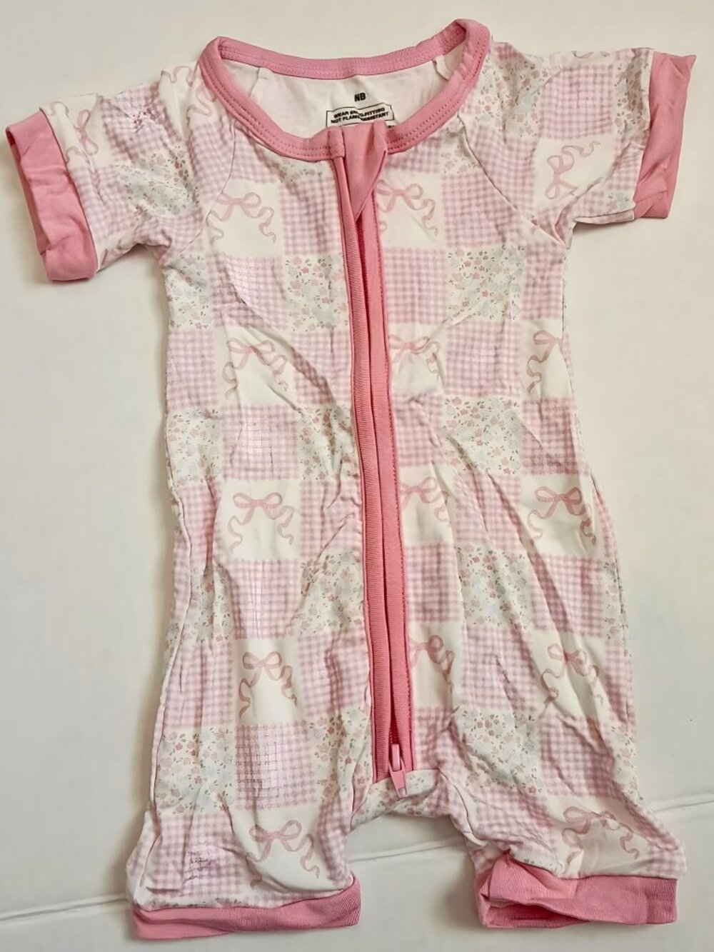 Pink Bow Bamboo Short Zippy (Newborn) | Coquette Patchwork Baby Romper